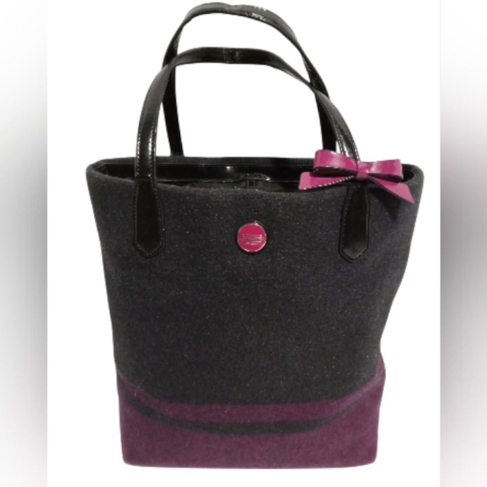 Coach Wool Shoulder Bag Black Purple Tote Leather Trim Bow Accent Winter Purse